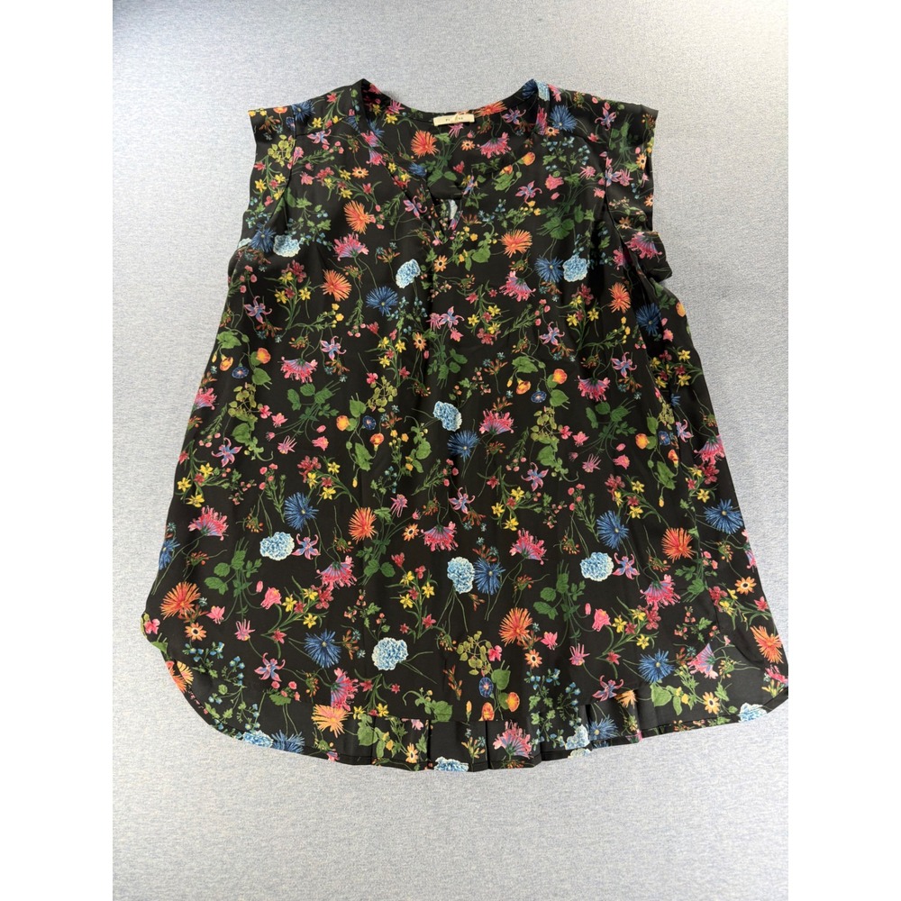 Pleione Black Floral Sleeveless Ruffle Hem Blouse Split Neck Top Large 502240RK
